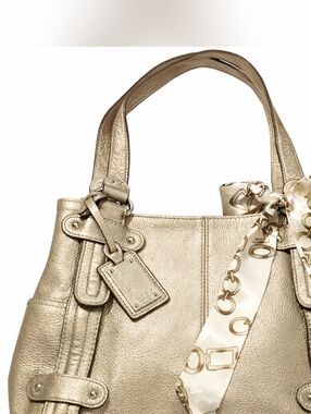 Tignanello Gold Metallic Pebbled Leather Shoulder Bag Chain Print Scarf